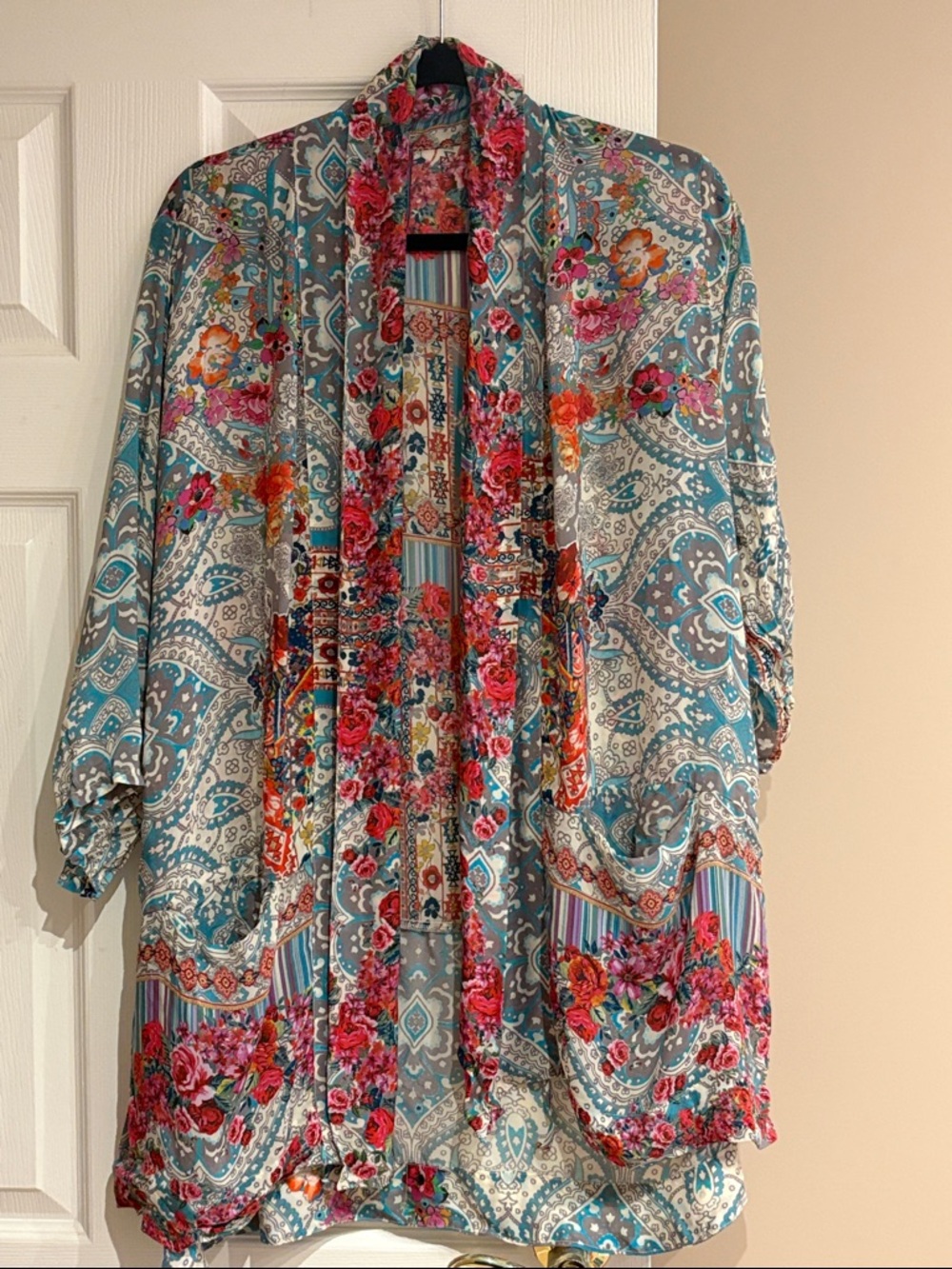 Johnny Was Floral Stripe Embroidered Open Kimono - Pink, Teal, Coral